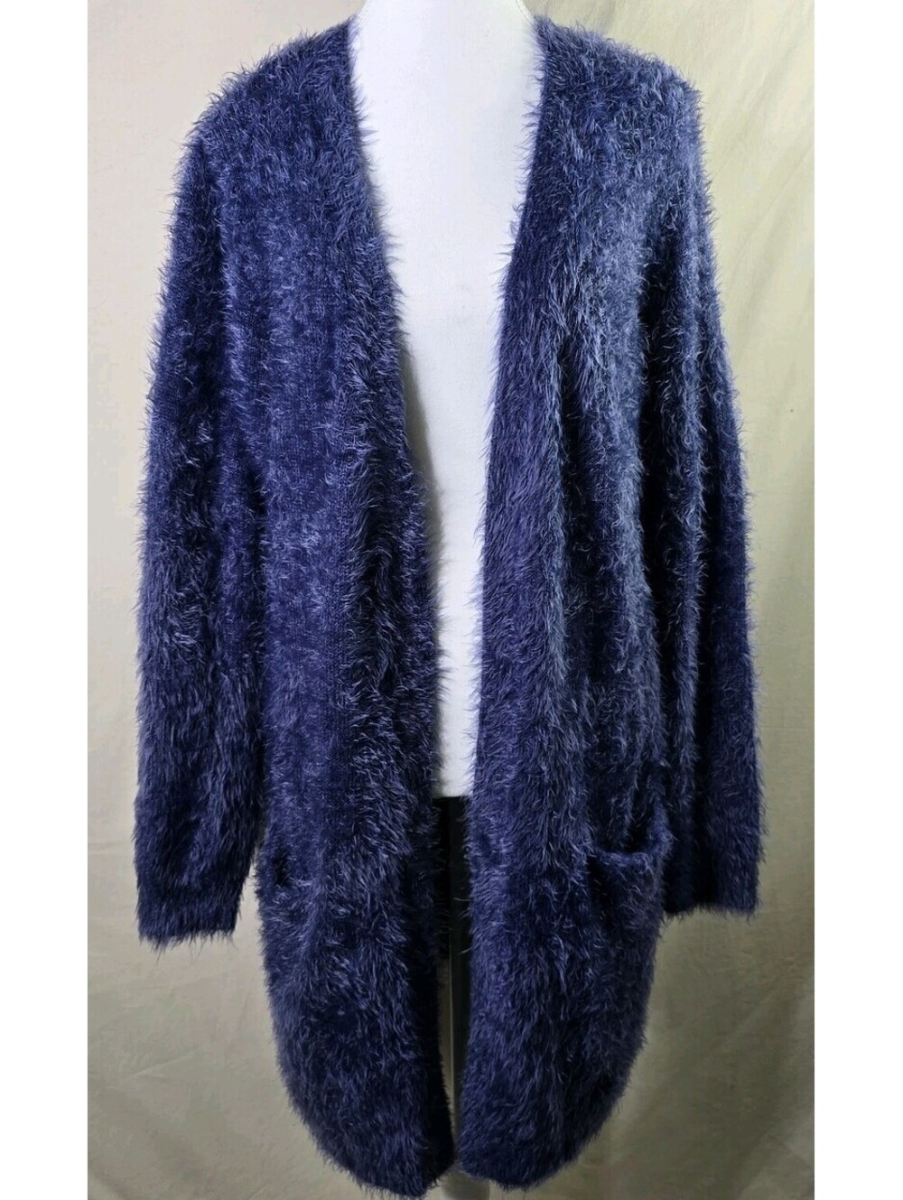 Venus Sweater Cardigan Fuzzy Eyelash Knit Longline Large Blue